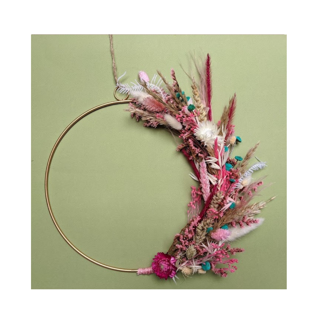 Couronne Décorative En Roses – Rose Et Crème – Diamètre 35 Cm – Fait Main – Pour Décoration Murale Ou Commémoration